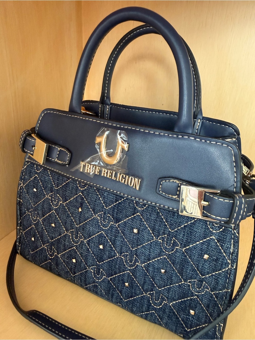 True Religion Denim Quilted Satchel Crossbody Bag Horseshoe Studded - Picture 4 of 8